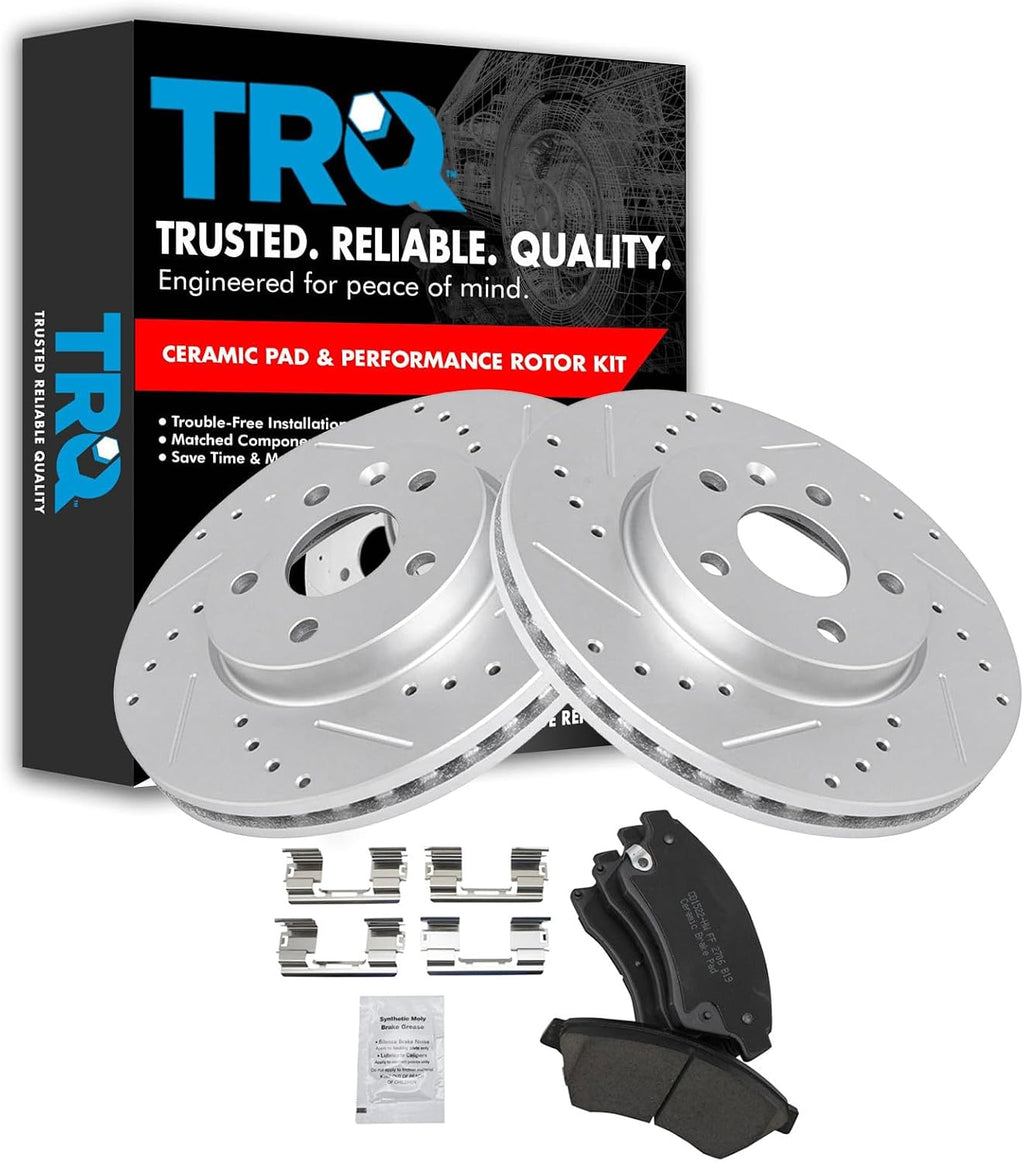 TRQ Performance Front Brake Pad and Rotor Set Ceramic Coated Drilled Slotted Vented Rotors Compatible with 2011-2015 Chevrolet Cruze 2016 Cruze Limited 2012-2017 Sonic