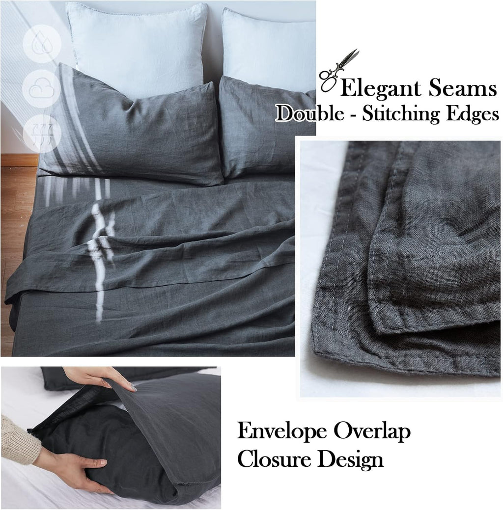 Simple&Opulence 100% Linen Sheet Set 4pcs Basic Style, Deep Pocket, Natural French Washed Flax Solid Color Soft Breathable Bed Sheets - Dark Grey, King