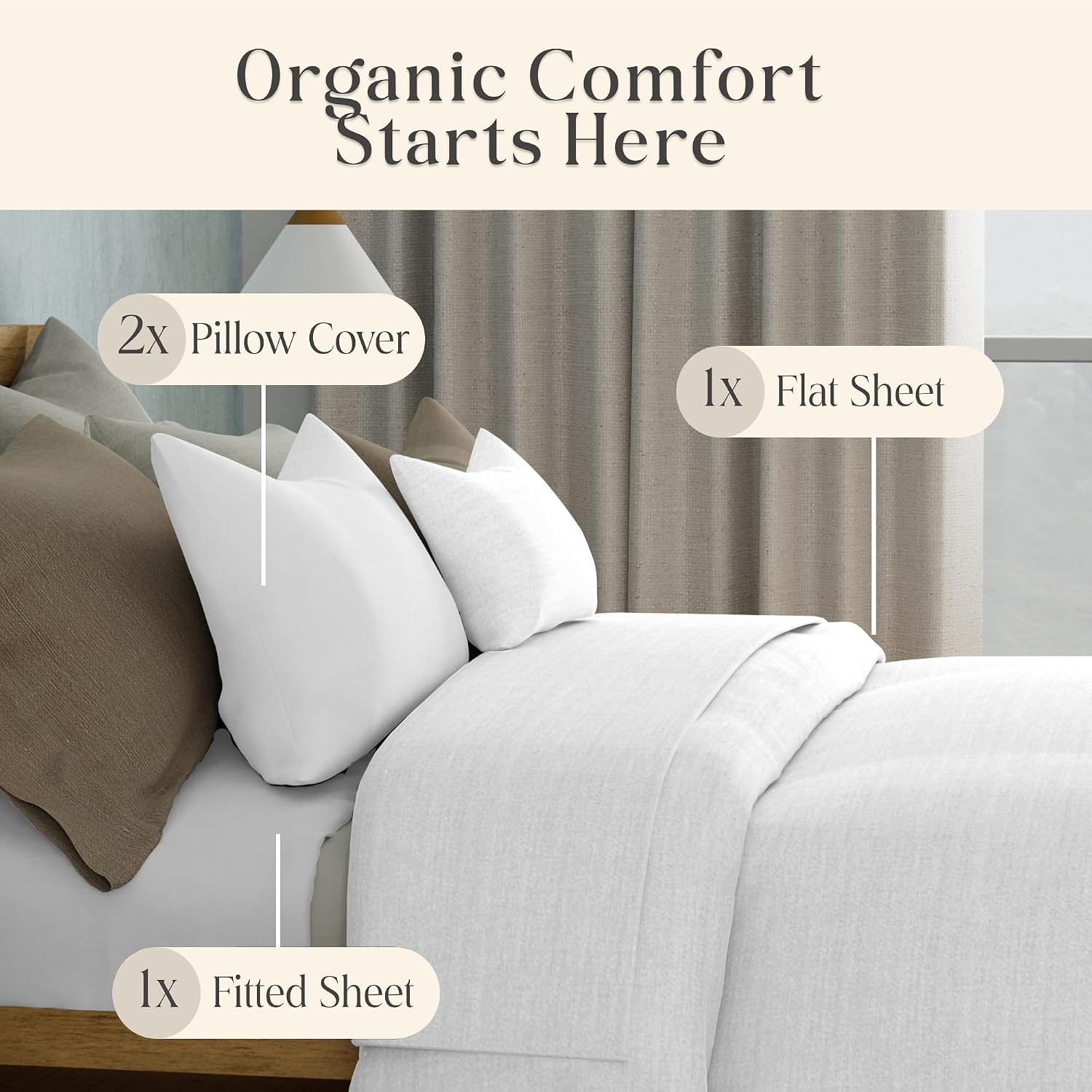 Delilah Home 100% Organic Cotton Queen Flat Sheet Set, GOTS & Vegan.org Verified, Long Stem 300 TC Sateen Bedding, Non-Synthetic, Deep Pocket Fitted Linen, Lightweight, All-Season, 4 Piece Set - White
