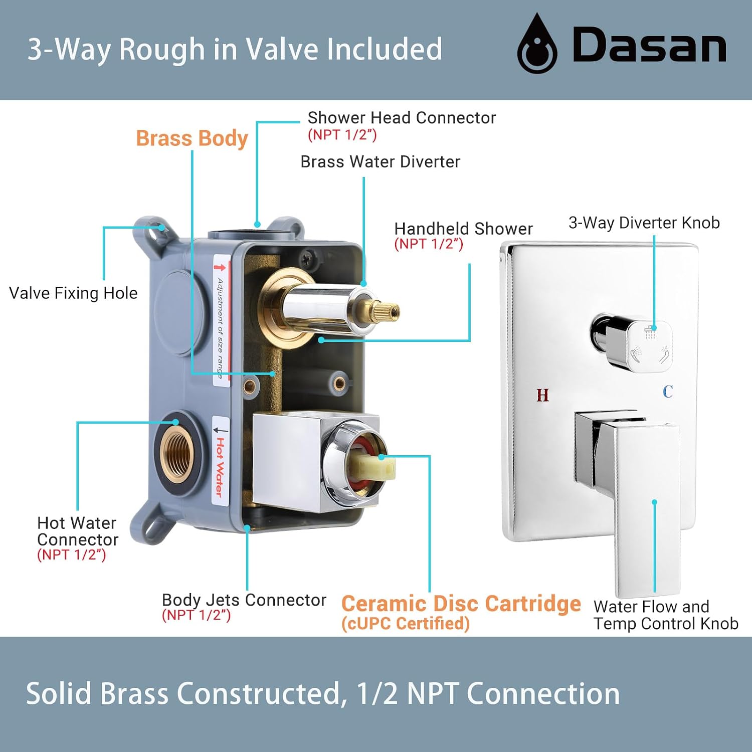 DASAN Full Body Shower System with 6 PCS Body Spray Jets & 12'' Rain Shower Head & Handheld, Ceiling Mount Rain Shower System Polished Chrome Shower Faucets Sets Complete with Valve, SA-SS03ACH-S12C
