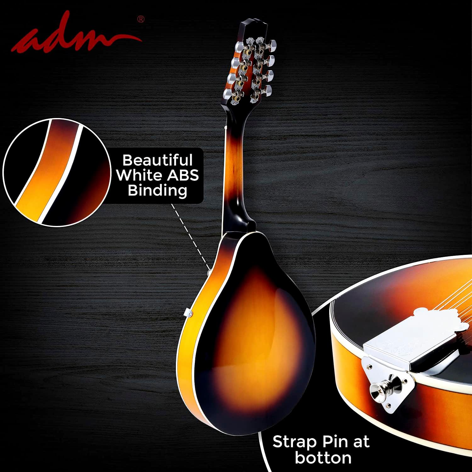 ADM Acoustic Mandolin Instrument Kit Music A Style for Kids Students Adults Wood Mandolins Beginner Set With Bag, Tuner, Pick-up, Strap, Strings, Picks and Hanger, Sunbrust
