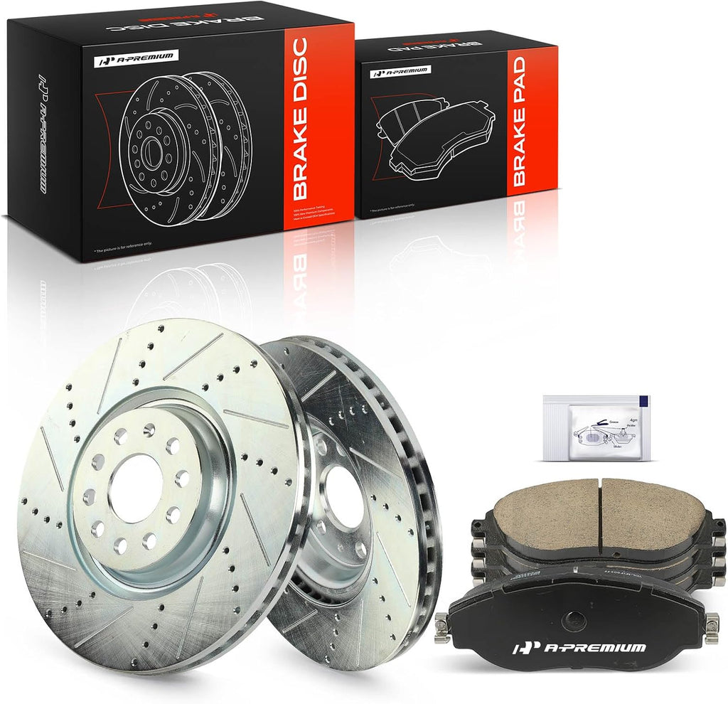 A-Premium 13.39 in (340 mm) Front Drilled and Slotted Disc Brake Rotors + Ceramic Pads Kit Compatible with Select Volkswagen & Audi Models - Jetta, Golf R, Tiguan, CC, GTI, Arteon, Q3, S3, 6-PC Set