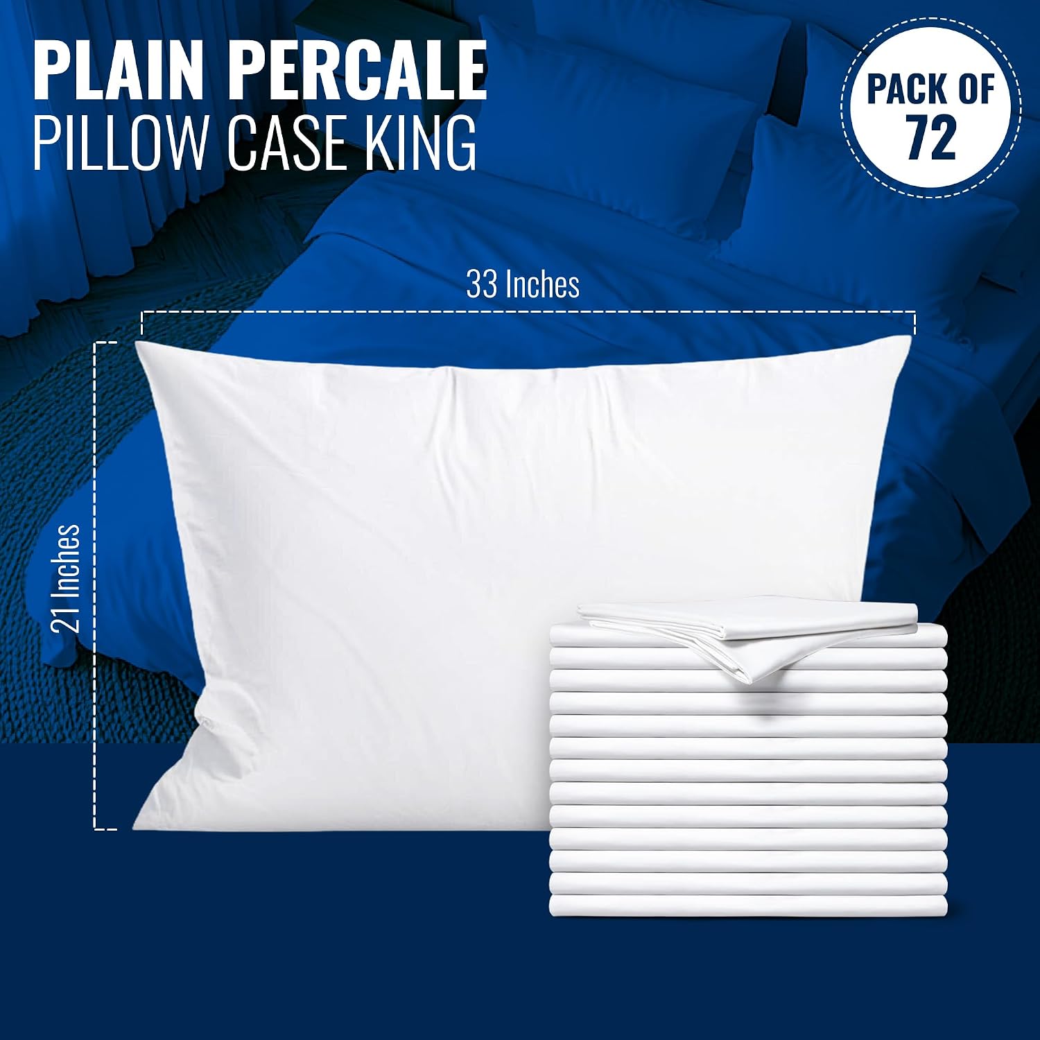 Bulk 72 Pack White King Pillowcases 21x33 — Premium T-200 Poly Cotton Pillow Covers with Envelope Closure — Economical Pillow Cases for Hotels, Hospitals & Airbnb