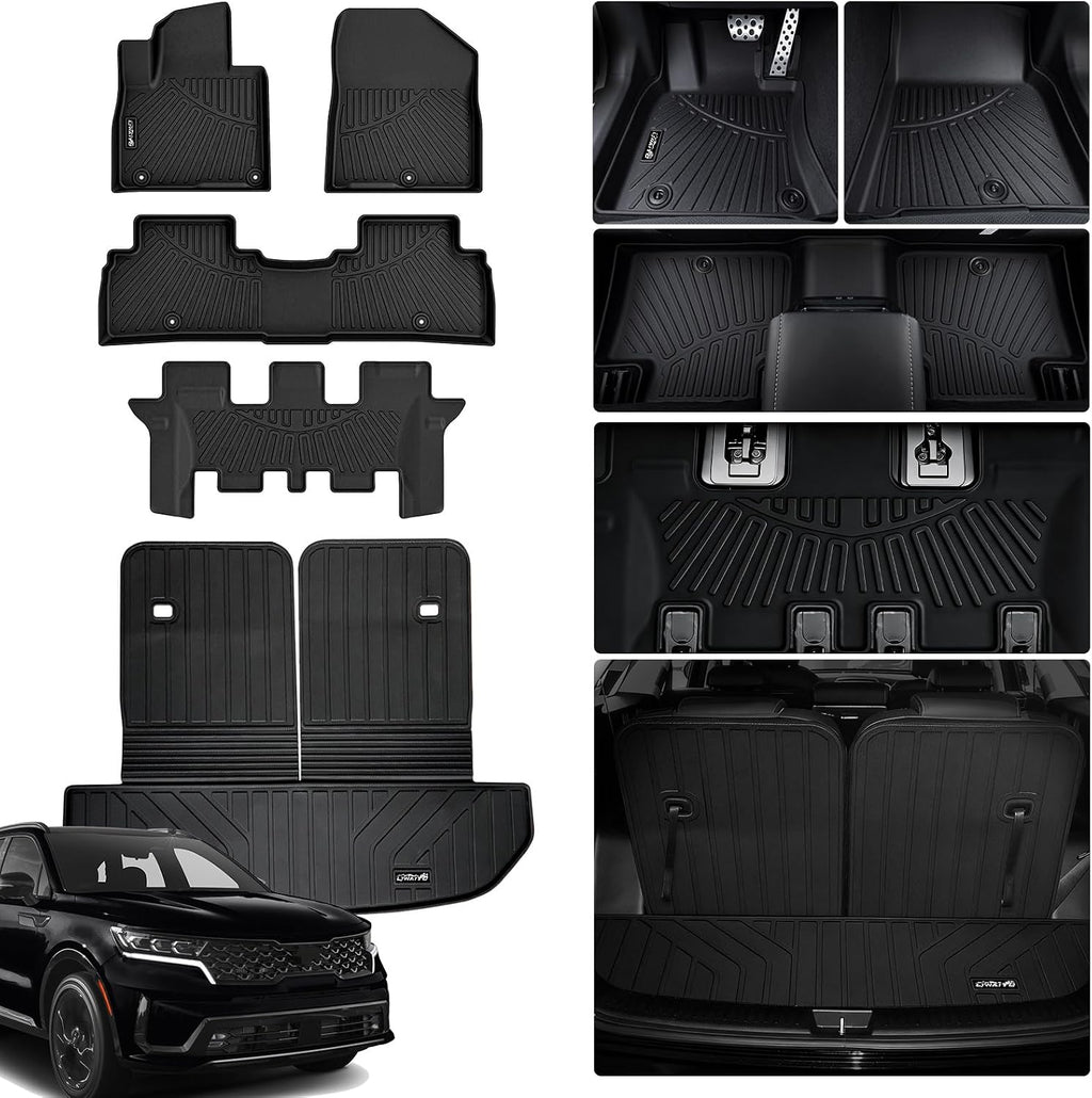 All-Weather TPE Floor Mats for 2016-2020 Kia Sorento, 3 Row Custom Fit Floor Liners，Cargo Liner with Seat Back Protection, Heavy Duty Non-Slip, Trunk Mat Set
