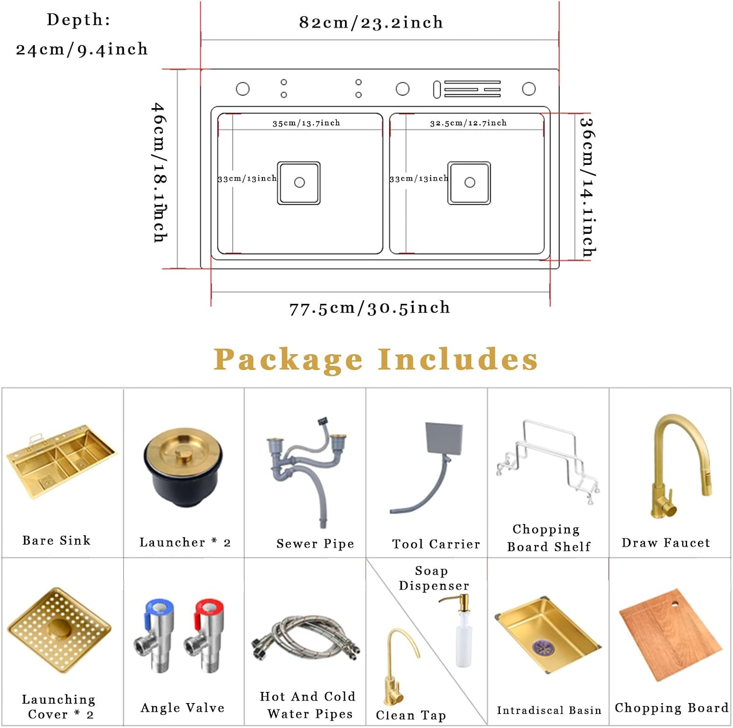 Kitchen Sink 304 Stainless Home Sink Kitchen, Double Gold Sink Kitchen, with Faucet, Clean Faucet, Soap Dispenser, Cutting Board and Accessories,Gold a-82X46cm