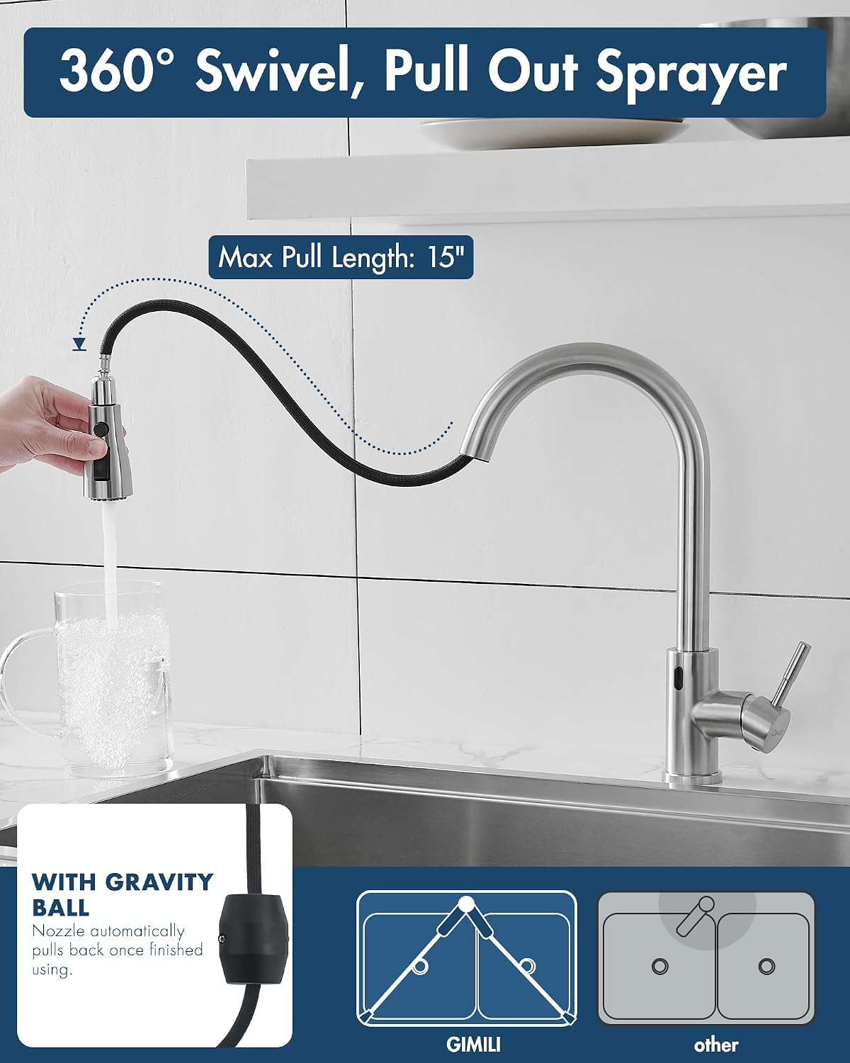 GIMILI Touchless Kitchen Faucet with Pull Down Sprayer Motion Sensor Hands-Free Smart Activated Brushed Nickel Sink Faucets