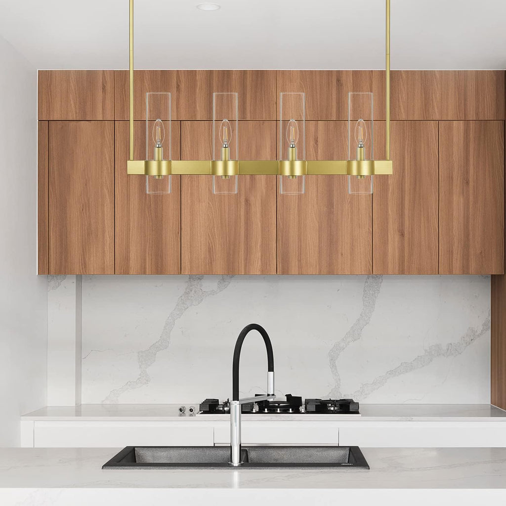 Linea di Liara Teramo Satin Brass Kitchen Island Lighting - Modern Farmhouse Rectangle Dining Room Light Fixtures - 30 inch 4 Light Linear Chandelier