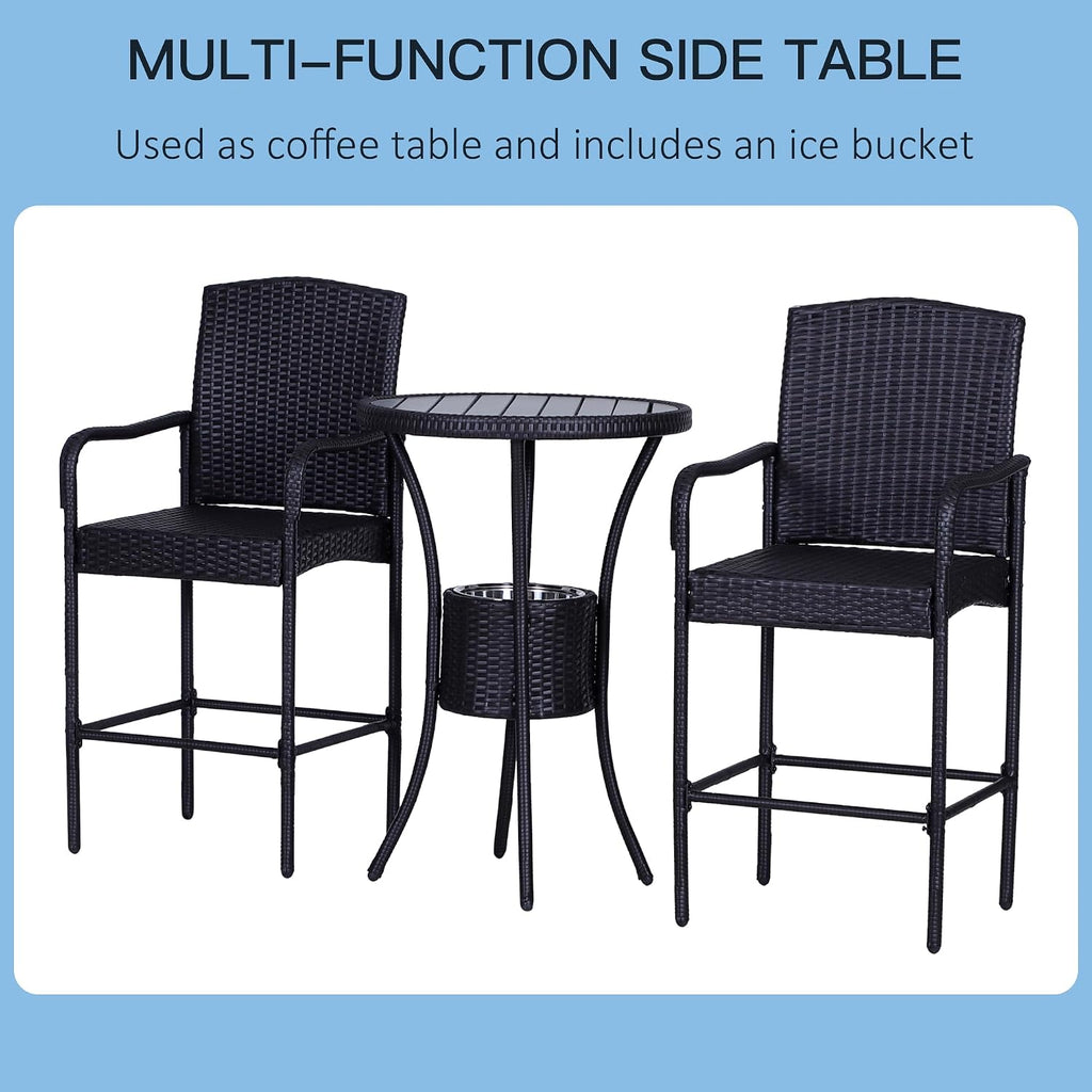 Rattan Wicker Bar Set for 3 PCS with Ice Buckets, Patio Furniture with 1 Bar Table and 2 Bar Stools for Poolside, Backyard, Porches