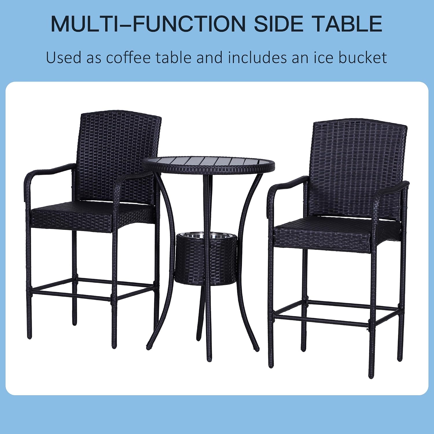 Rattan Wicker Bar Set for 3 PCS with Ice Buckets, Patio Furniture with 1 Bar Table and 2 Bar Stools for Poolside, Backyard, Porches