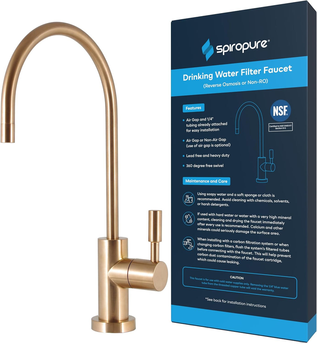 SpiroPure NSF-Certified Lead-Free Air Gap RO Faucet, Brushed Gold/Bronze/Brass, Reverse Osmosis Replacement Water Filter Faucet, 3 Line Filtered Faucet, SP-FC100-GD