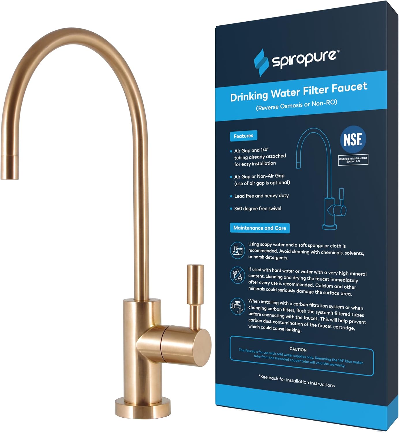 SpiroPure NSF-Certified Lead-Free Air Gap RO Faucet, Brushed Gold/Bronze/Brass, Reverse Osmosis Replacement Water Filter Faucet, 3 Line Filtered Faucet, SP-FC100-GD