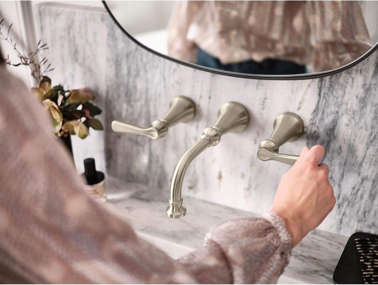 Moen TS44104BL Colinet Traditional Lever Handle Wall Mount Bathroom Faucet Trim, Valve Required, Matte Black