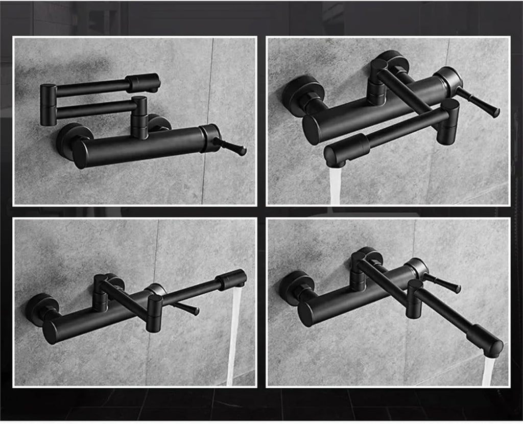 Brass Wall Mounted Dual Hole Kitchen Sink Foldable Mixer Tap Rotating Cold Hot Water Faucets(Black)