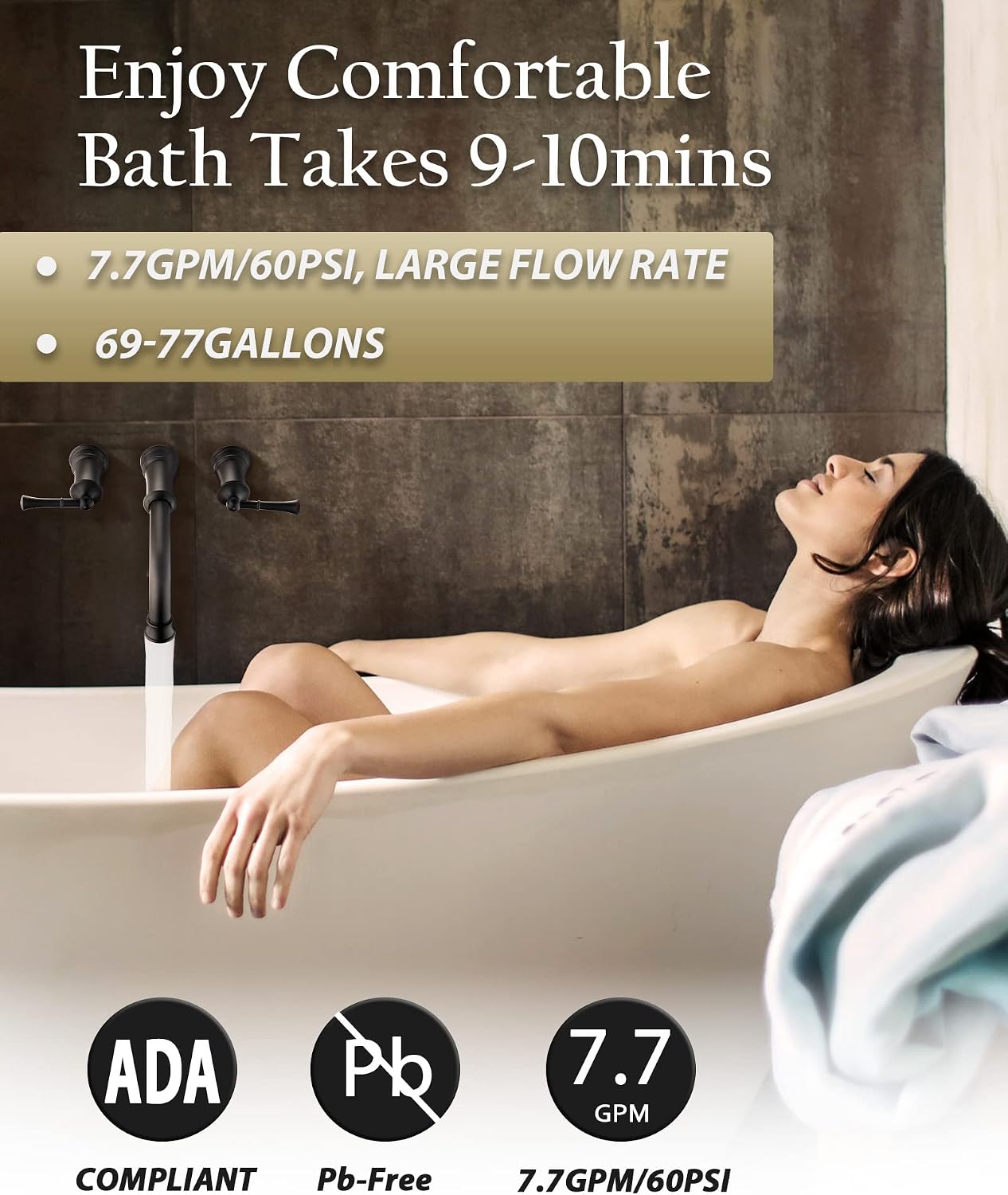 High Flow Wall Mount Tub Filler with Rough-in Valve, Wall Mount Tub Faucet, Brass Roman Bathtub Faucet 2 Handle with 360° Swivel Spout, Matte Black(B2306-BK)