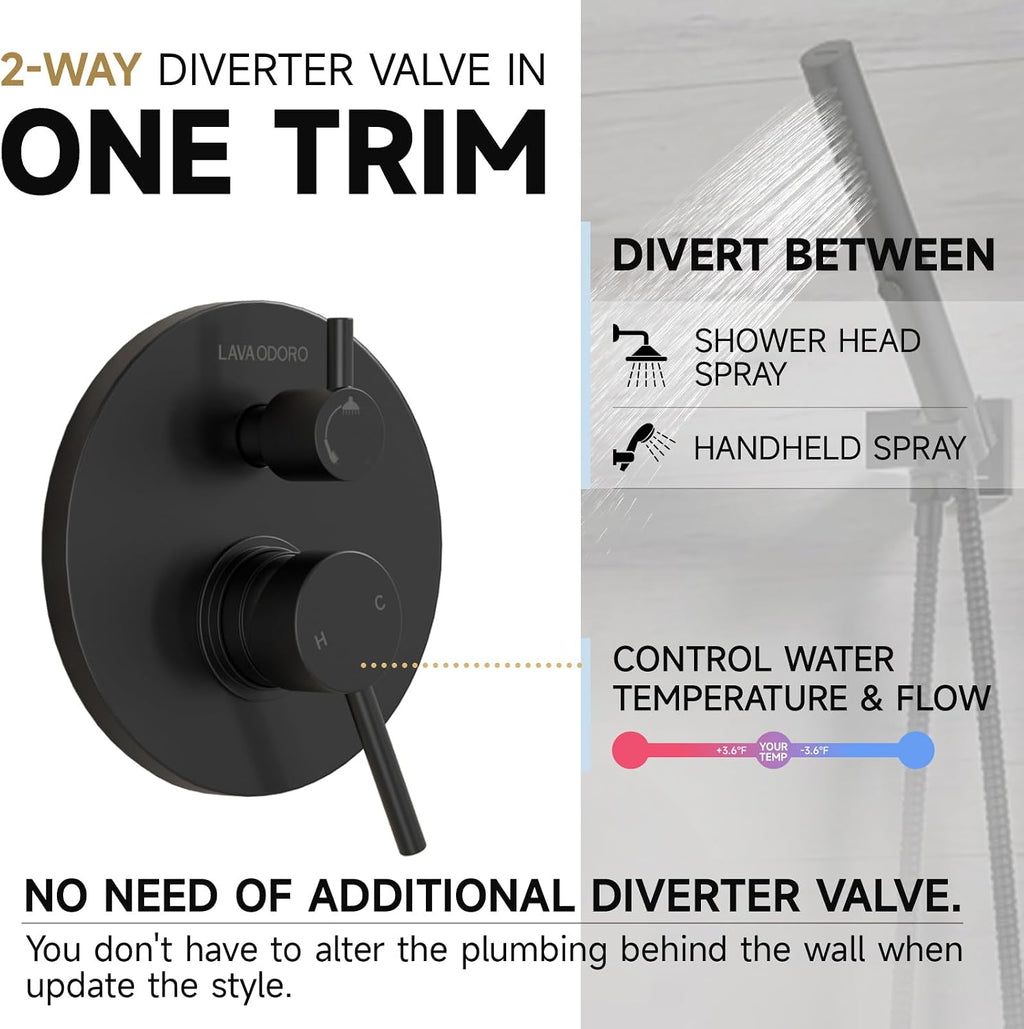 Lava Odoro Modern 2-Setting Round Rain Shower System with Handheld, Matte Black Rainfall Shower Faucet Set Rain Shower Head and Handle Set, Shower Valve Trim Kit, 10 Inch, Matte Black, SF104-MB