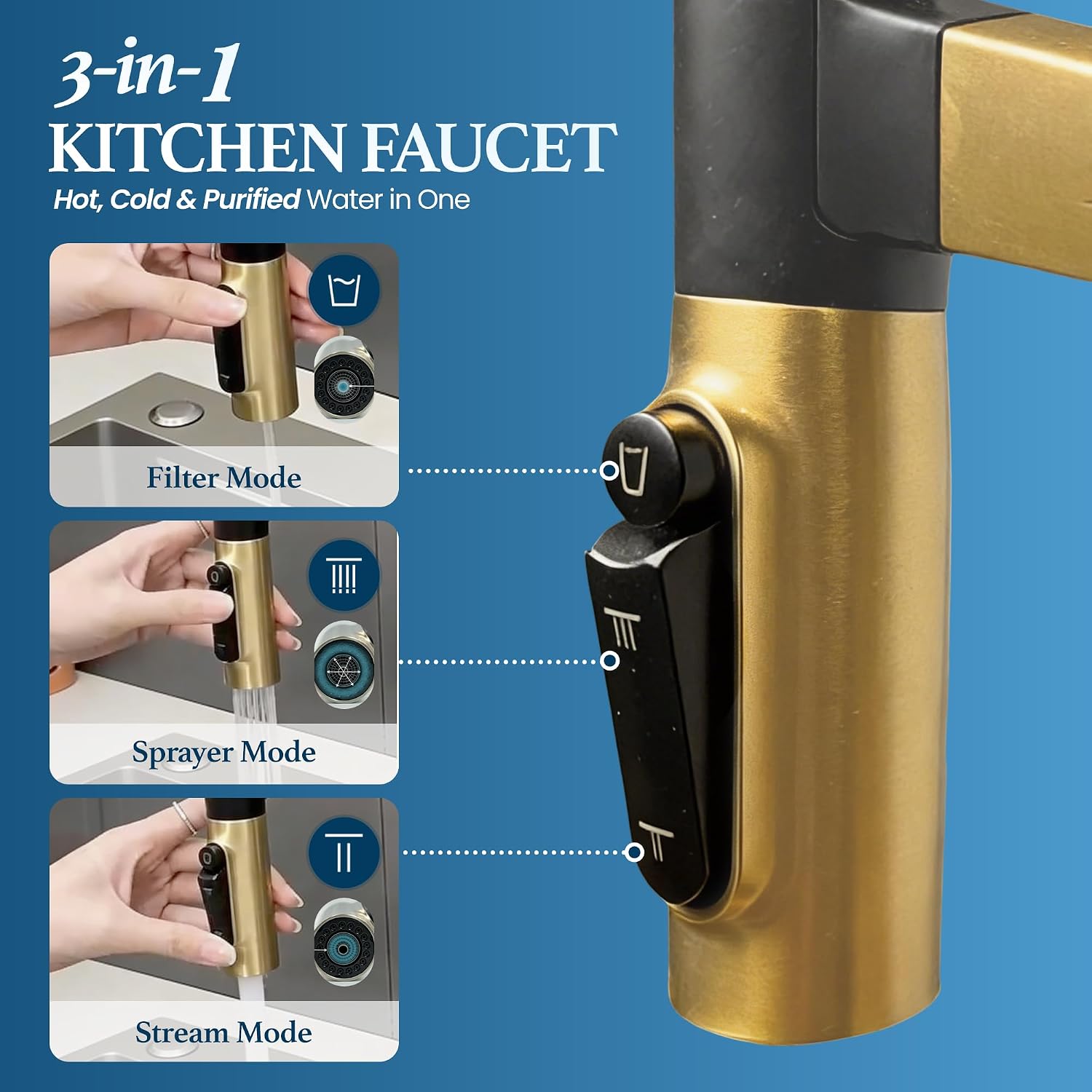 STiLWERK 3-in-1 Kitchen Sink Faucet with Pull-Out Sprayer, 3 Way Hot, Cold & Drinking Water Mixer, Magnetic Docking, Stainless Steel, Champagne Gold Finish