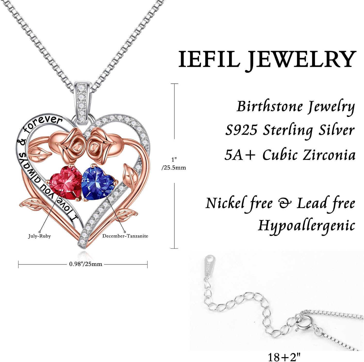 Iefil Rose Heart Double Birthstone Necklace Gifts for Wife Girlfriend Her Women, Birthstone Jewelry Gemstone Birthday Gifts for Mom Grandma Her Wife Women