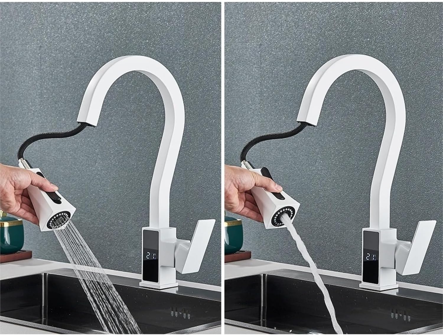 Smart Digital Display Kitchen Faucet Single Handle Pull Out Kitchen Sink Mixer Hot Cold Water Taps(White)