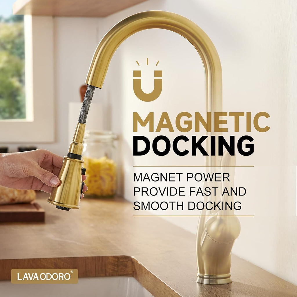 Lava Odoro Gold Kitchen Faucet with Pull Down Sprayer, Brushed Gold Kitchen Sink Faucet with Magnetic Docking Spray 3-Function, Solid Brass Faucet for Kitchen Sink 1 Hole and 3 Hole, KF271-SG