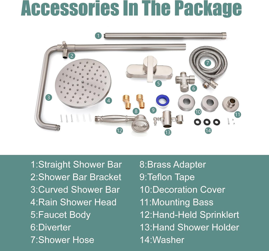 Heyalan Exposed Pipe Shower System Brushed Nickel 8 Inch Rainfall Showerhead Shower Faucet Fixture Combo Set Brass Single Handle with Hand Sprayer Adjustable Slide Bar Dual Functions