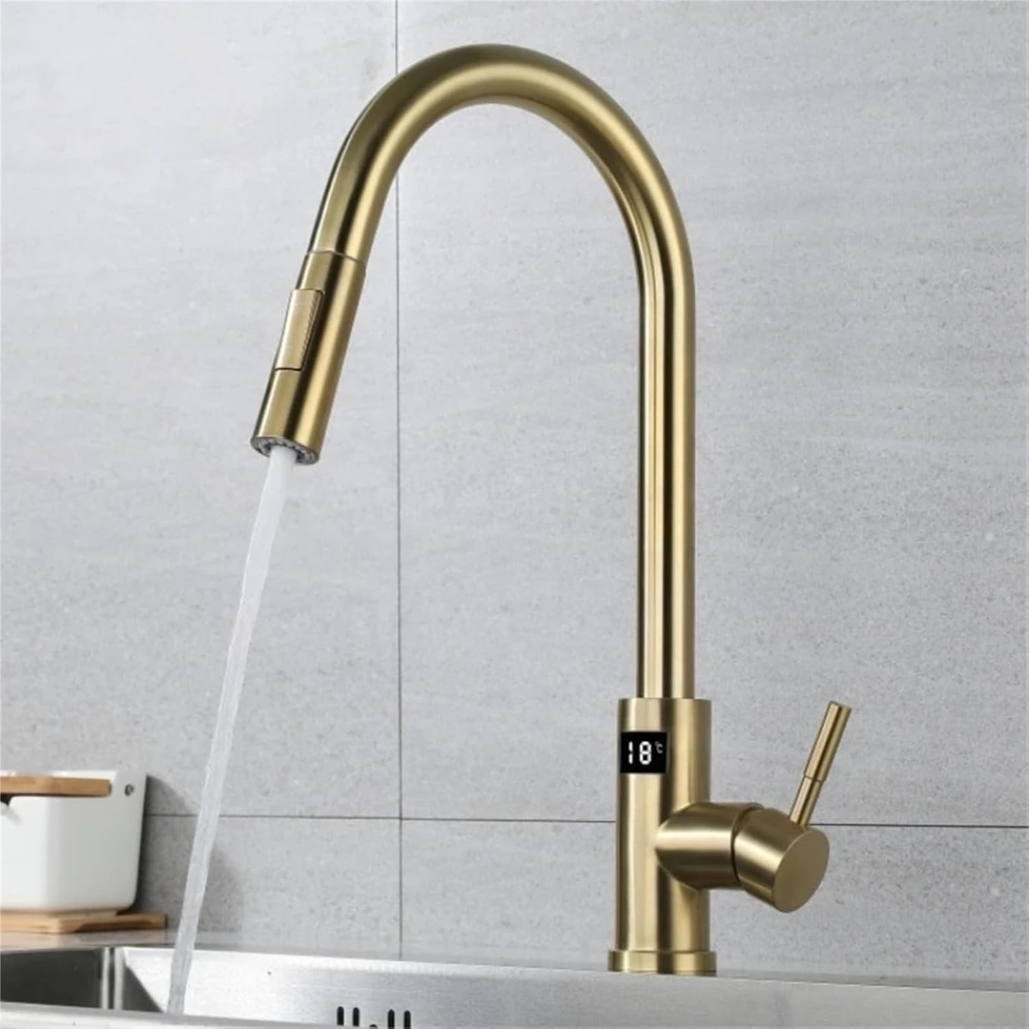 Kitchen Faucet Tap Hot Cold Water Digital Temperature Display Faucet 304 Stainless Steel Pull Down Taps(Gold)