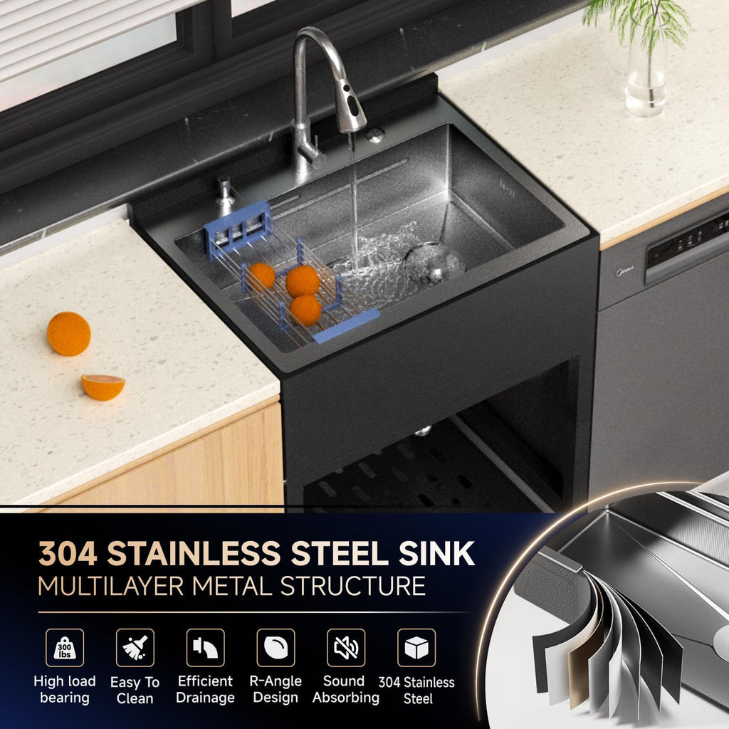 24' Stainless Steel Utility Sink,Freestanding Laundry Room Sink,Commercial Kitchen Sinks with Hot & Cold Water for Garage,Kitchens Outdoor (24x18x36 Black)
