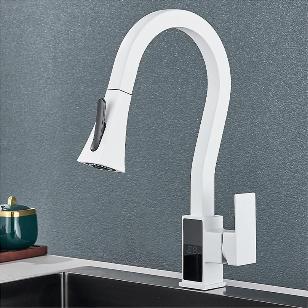 Smart Digital Display Kitchen Faucet Single Handle Pull Out Kitchen Sink Mixer Hot Cold Water Taps(White)