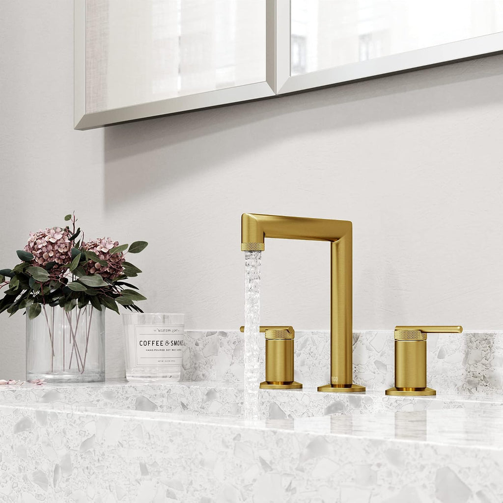 VIGO Sterling Two-Handle Three-Hole Mount Widespread Bathroom Sink Faucet, 7-Inch, Matte Brushed Gold, Modern Design, Solid Brass, 1.2 GPM WaterSense & Ceramic Disc Valve, Corrosion-Resistant