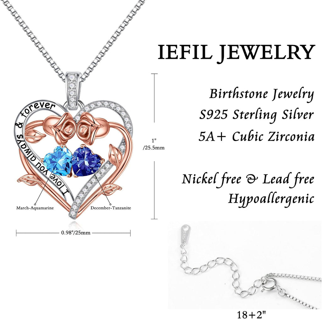 Iefil Rose Heart Double Birthstone Necklace Gifts for Wife Girlfriend Her Women, Birthstone Jewelry Gemstone Birthday Gifts for Mom Grandma Her Wife Women