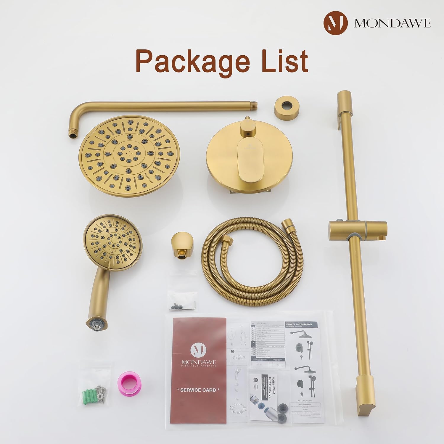 MONDAWE 8 Inch Wall Mounted Shower Faucet Set in Brushed Gold, Rainfall Shower Head with 3-Setting Handheld Spray Shower Set Combo, High Pressure Shower System with Solid Brass Valve
