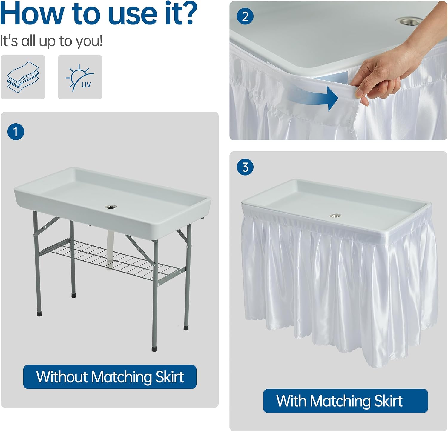 Outdoor Ice Cooler Folding Table, Portable Cooler Table with Removable Matching Skirt, Chill Table for Party BBQ Camping Wedding White