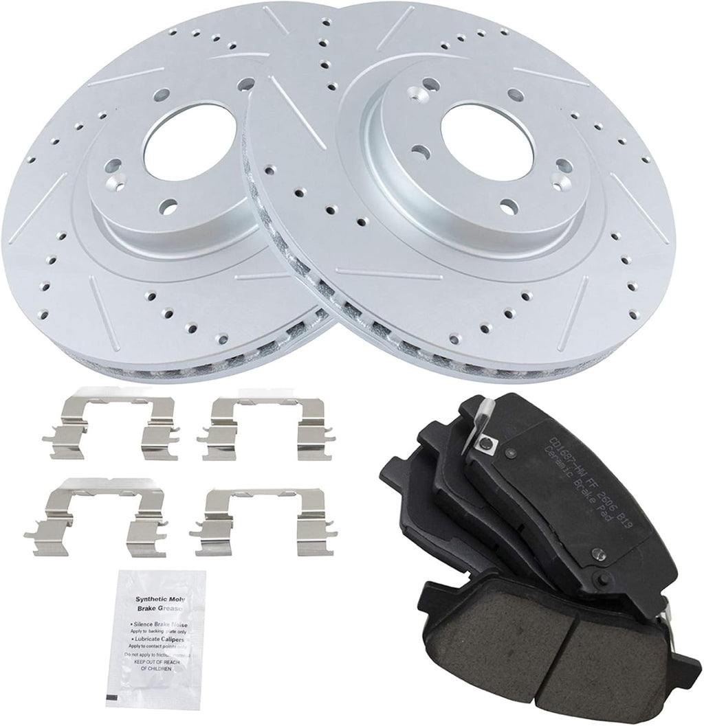 TRQ Performance Front Brake Pad and Rotor Set Ceramic Coated Drilled Slotted Vented Rotors Compatible with 2013-2018 Hyundai Santa Fe Sport 2014-2015 Kia Sorento