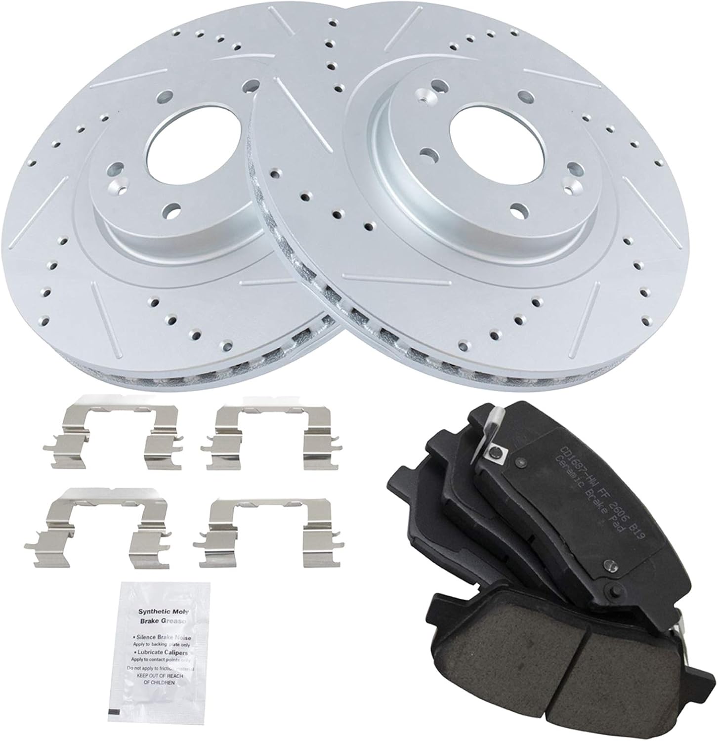TRQ Performance Front Brake Pad and Rotor Set Ceramic Coated Drilled Slotted Vented Rotors Compatible with 2013-2018 Hyundai Santa Fe Sport 2014-2015 Kia Sorento