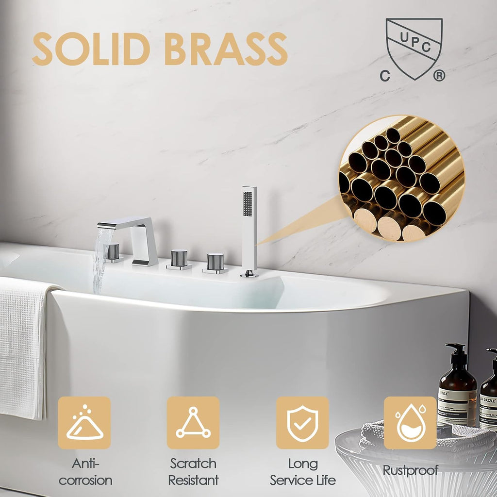 Bathtub Faucet Set with 3 Handle, Deck Mount 5 Hole Roman Waterfall Spout Bath Tub Faucet with Valve, Chrome