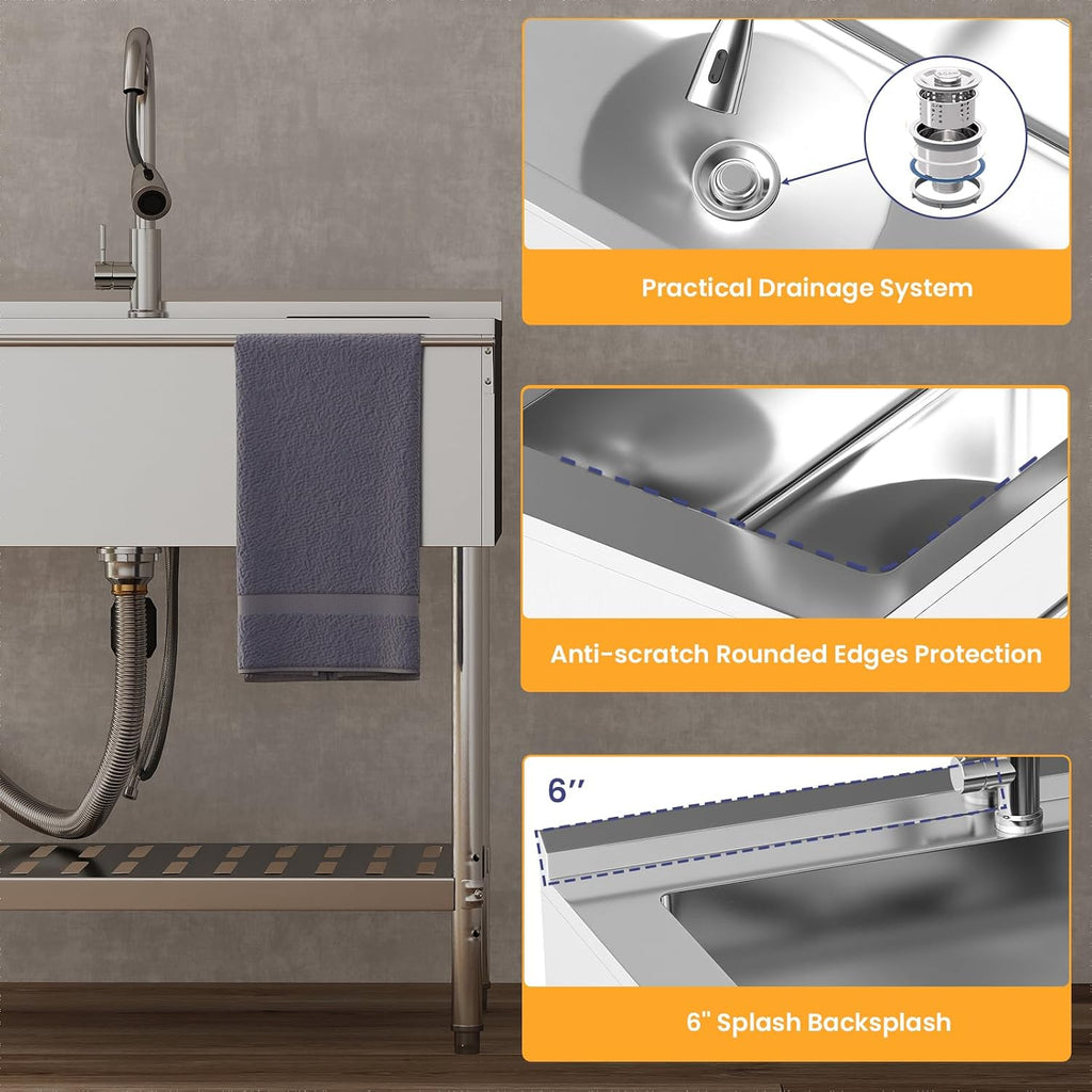 Stainless Steel Utility Sink, 30.8'' Free Standing Single Bowl Sink with Pull-Out Faucet & Cold and Hot Water Pipe & basket, Indoor and Outdoor Sink for Laundry Room, Garage, Kitchen, Silver