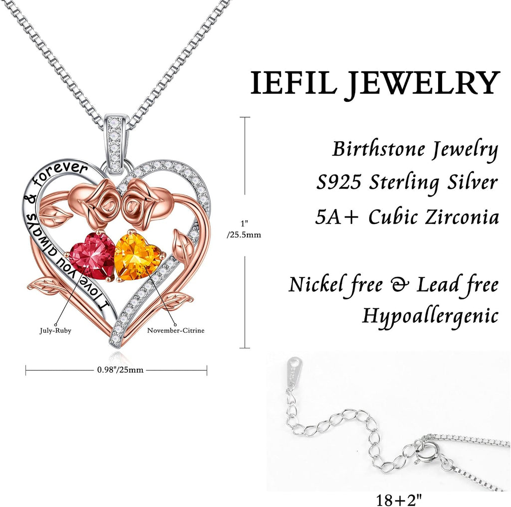 Iefil Rose Heart Double Birthstone Necklace Gifts for Wife Girlfriend Her Women, Birthstone Jewelry Gemstone Birthday Gifts for Mom Grandma Her Wife Women