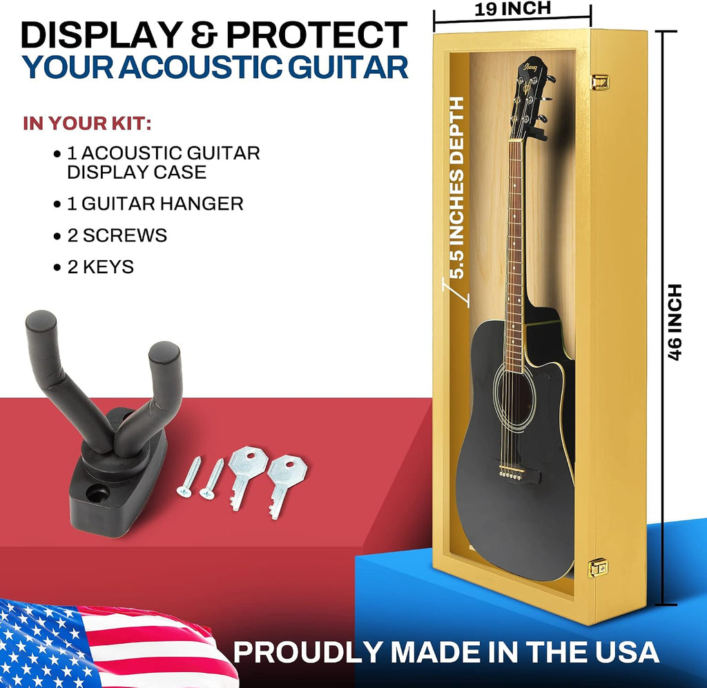 PENNZONI Acoustic Guitar Display Case - Acrylic Acoustic Guitar Case - Guitar Display Case Wall Mount Made from Hardwood Frame & Clear Acrylic - Golden Oak w/No Felt