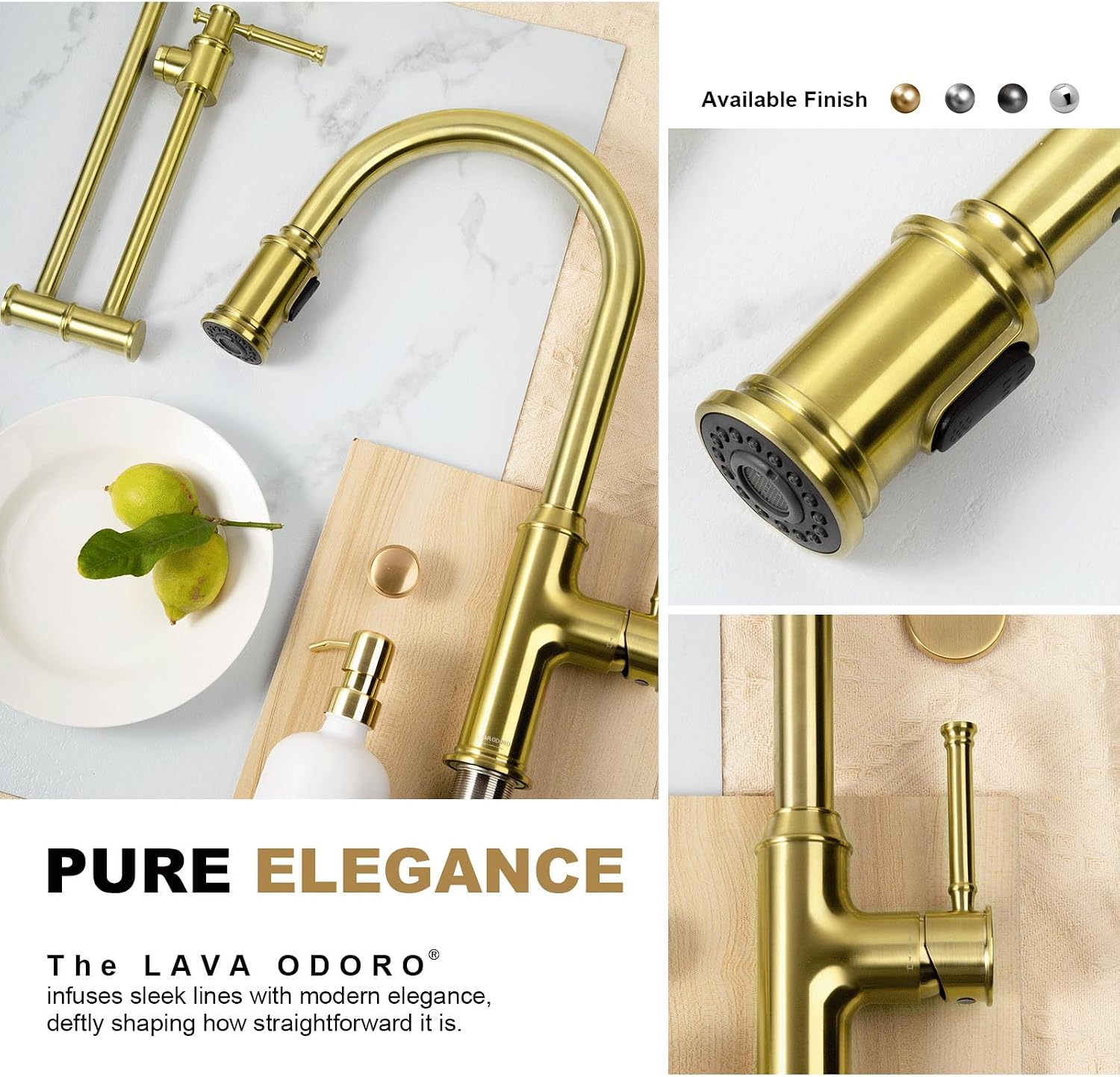 Lava Odoro Curtura Brushed Gold Kitchen Faucet with Pull Down Sprayer, Brass Kitchen Sink Faucet, Single Hole Kitchen Faucet with 3-Function Sprayer, Deck Plate Included, Spot-Free, 1.8GPM, KF421-SG
