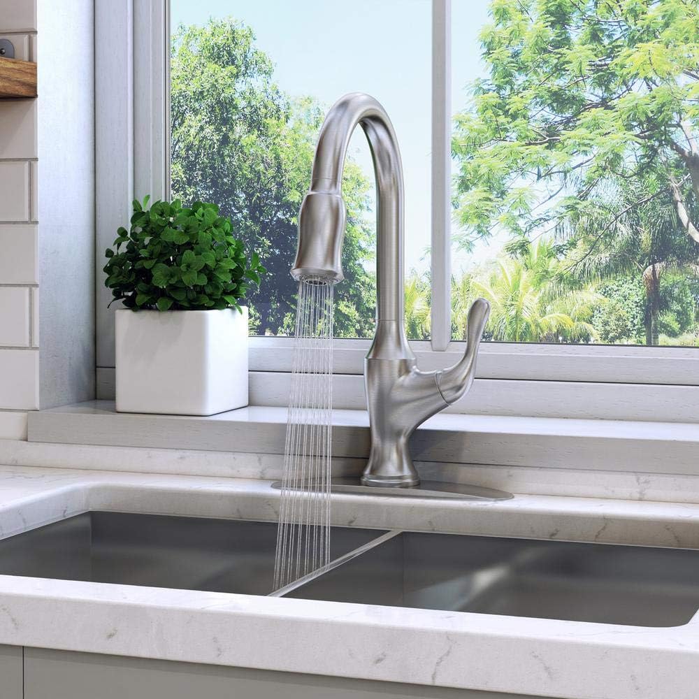 Pfister Deming Kitchen Faucet with Pull Down Sprayer and Soap Dispenser, Single Handle, High Arc, Spot Defense Stainless Steel Finish, F5297DMGS