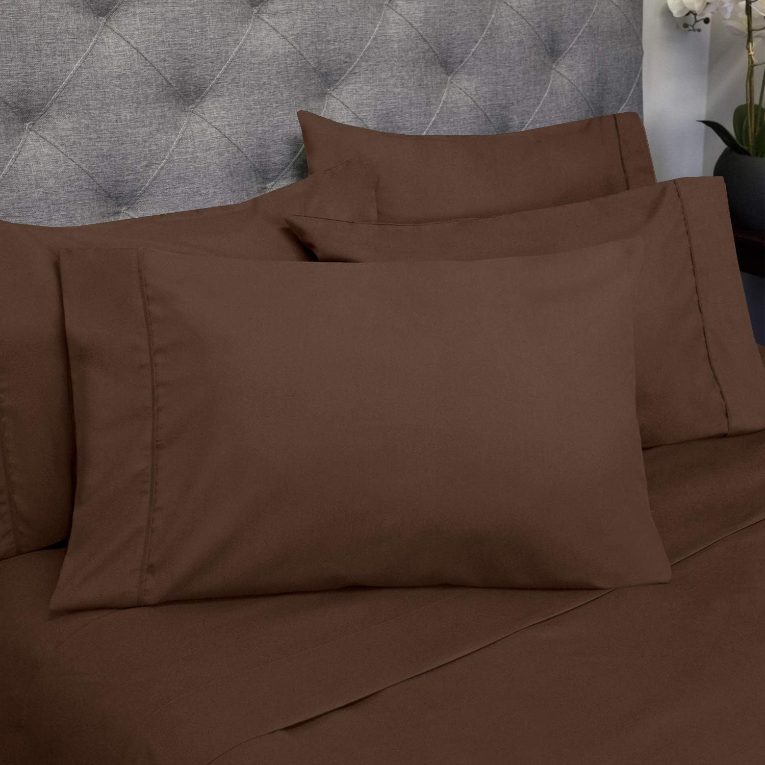 Sweet Home Collection Cal King Size Bed Sheets - 6 Piece 1500 Thread Count Fine Brushed Microfiber Deep Pocket Set - Extra Pillow Cases, Great Value, California King Size, Brown (Pack of 6)