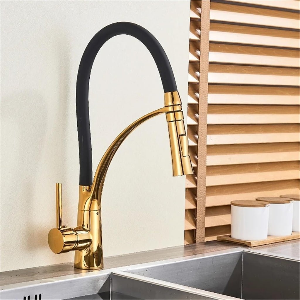 Pull Down Kitchen Faucet with Black Hose Deck Mounted Hot and Cold Water Mixer Sink Tap Swivel Kitchen Tap(Golden)