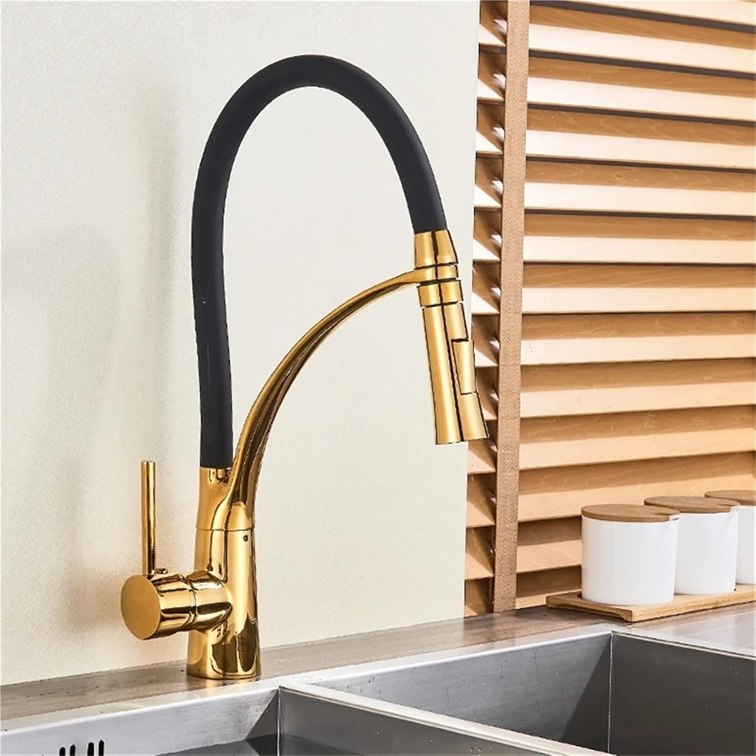 Pull Down Kitchen Faucet with Black Hose Deck Mounted Hot and Cold Water Mixer Sink Tap Swivel Kitchen Tap(Golden)