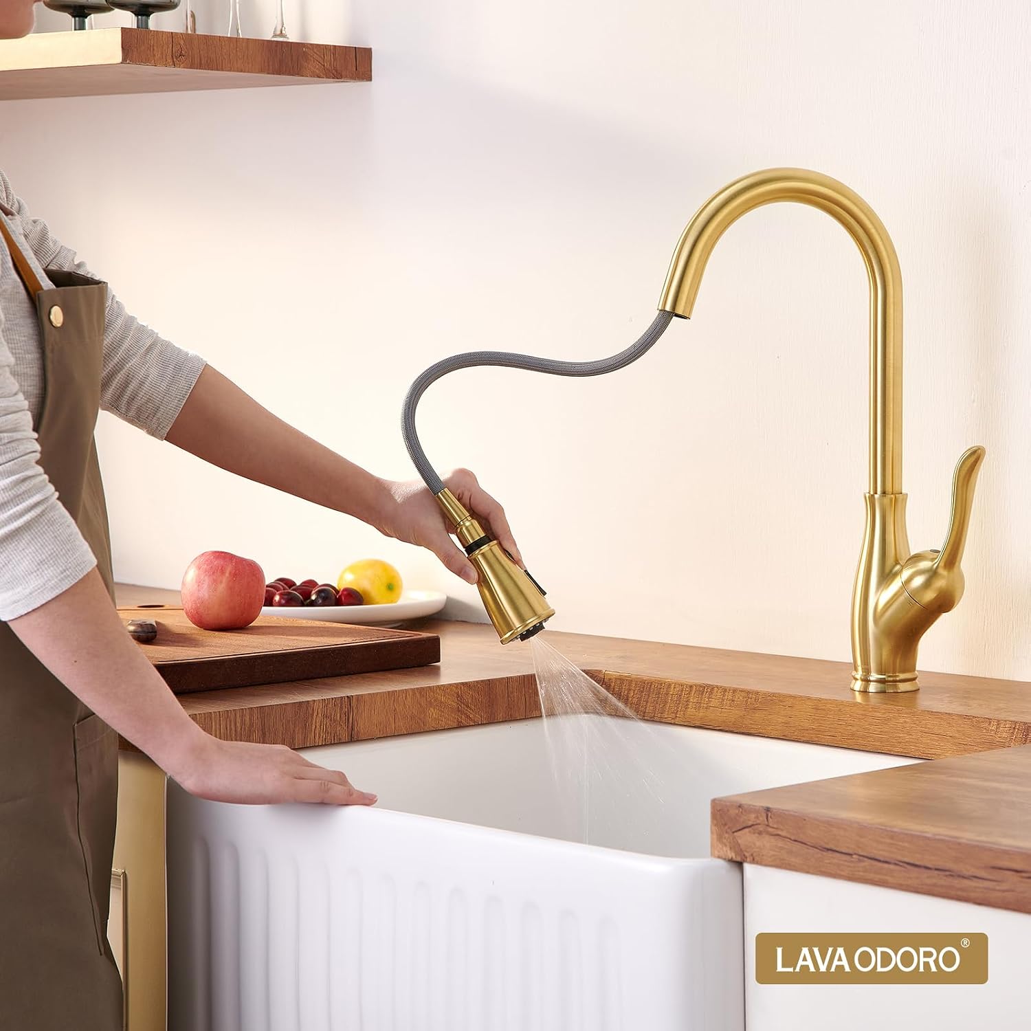 Lava Odoro Gold Kitchen Faucet with Pull Down Sprayer, Brushed Gold Kitchen Sink Faucet with Magnetic Docking Spray 3-Function, Solid Brass Faucet for Kitchen Sink 1 Hole and 3 Hole, KF271-SG