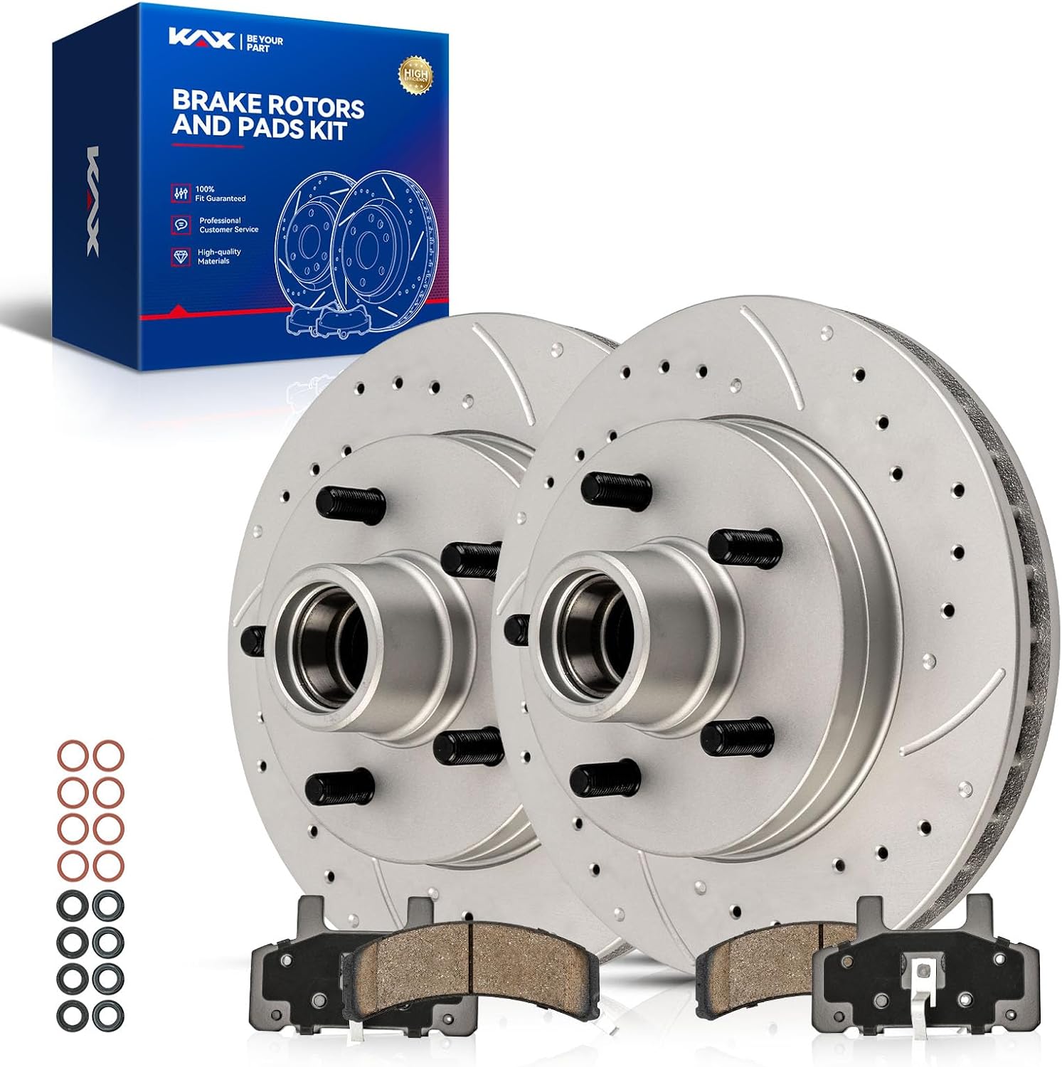 KAX Front Brake Kit, Drilled and Slotted Brake Rotors, Ceramic Brake Pads | Fits Chevrolet, GMC- C1500, C1500 Suburban, Tahoe, Express 1500, Yukon, Savana 1500, Automotive Replacement Brake Kit