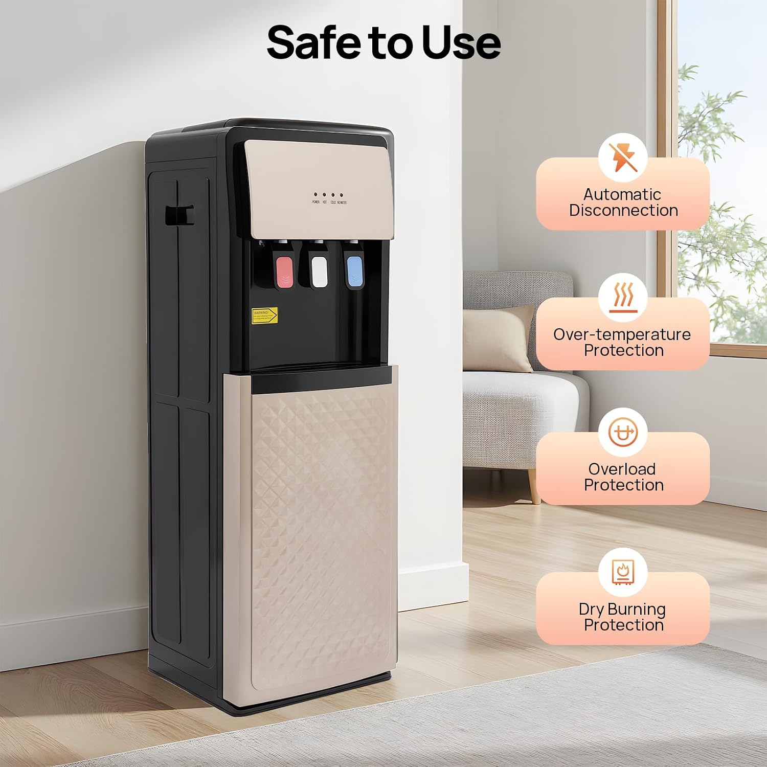 Bottom Loading Water Dispenser with Hot, Cold & Room Temperature Water - 500W Heating & 90W Cooling - Safe, Energy-Saving & User-Friendly Design for Home, Office (Champaign Gold)