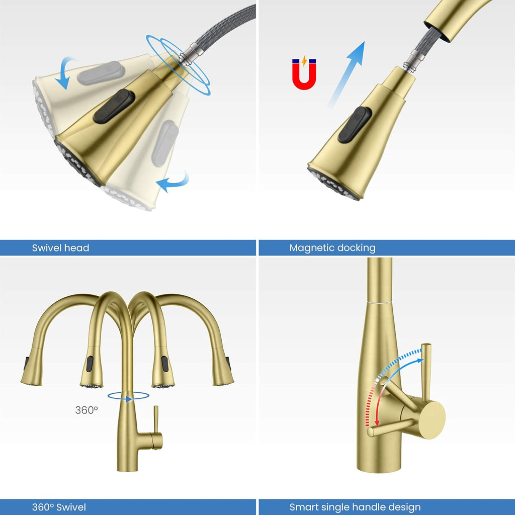 KIBI Bari-T Single Handle Pull Down Kitchen Faucet with High Arc Solid Brass Spout | 360-Degree Swivel, and Dual-Function Sprayer | Modern Pull Down Faucet for Kitchen Sink (Brushed Gold, KKF2016)