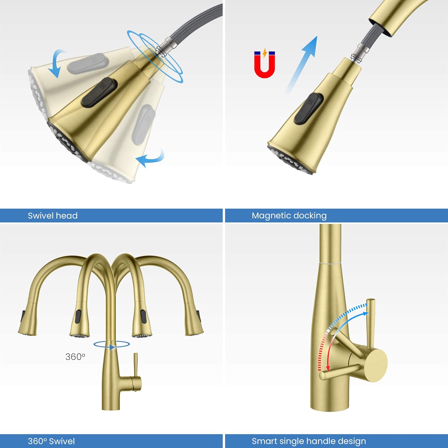 KIBI Bari-T Single Handle Pull Down Kitchen Faucet with High Arc Solid Brass Spout | 360-Degree Swivel, and Dual-Function Sprayer | Modern Pull Down Faucet for Kitchen Sink (Brushed Gold, KKF2016)
