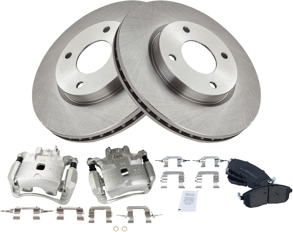 TRQ Front Brake Pad and Rotor Set Semi Metallic Vented Rotors Calipers Compatible with 2009-2014 Nissan Cube 2007-2012 Versa