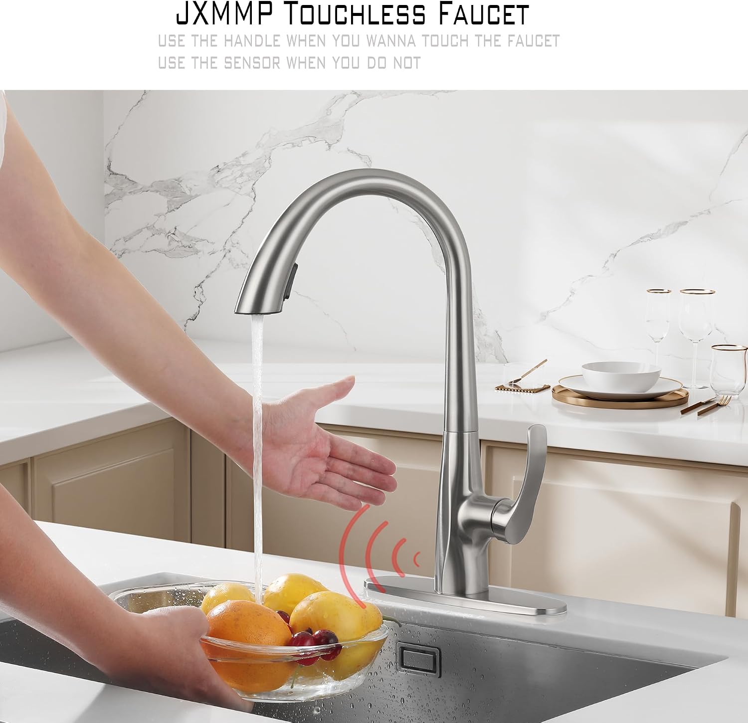 Touchless Pull Down Kitchen Sink Faucet, Brushed Nickel Activated Smart Motion Sensor Kitchen Faucet Single Handle, Stainless Steel Hands Free Faucet with Sprayer for Kitchen Sink