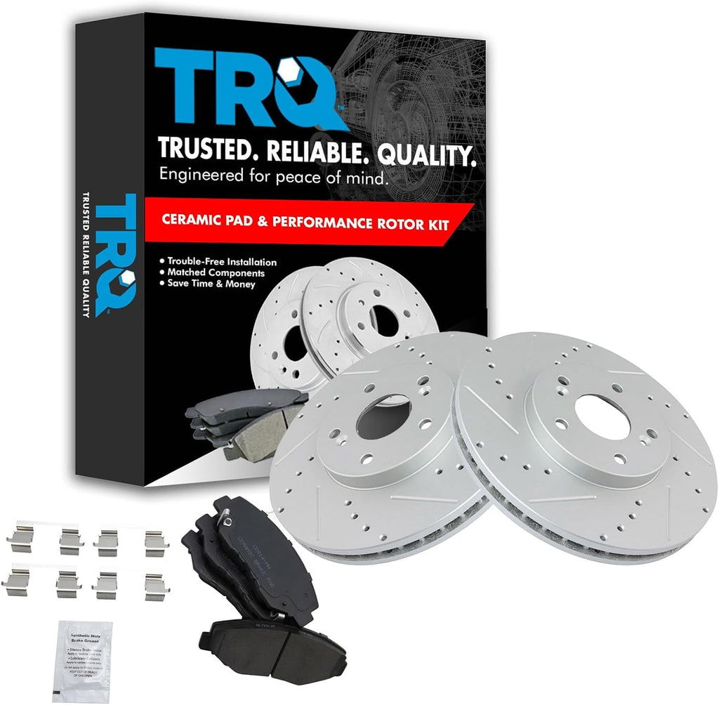 TRQ Performance Front Brake Pad and Rotor Set Ceramic Coated Drilled Slotted Vented Rotors Compatible with 2003-2008 Honda Pilot 2005 Accord